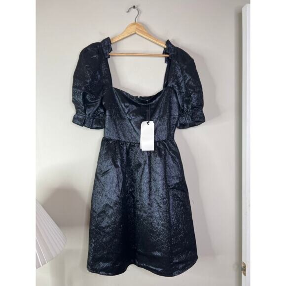 NWT Saloni Rachel-D Metallic Crinkled Puffed Sleeve Mini Dress Midnight Blue - Picture 2 of 7